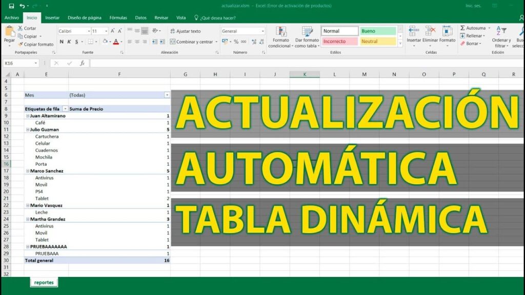 Como actualizar una tabla dinámica en excel automáticamente - 2018
