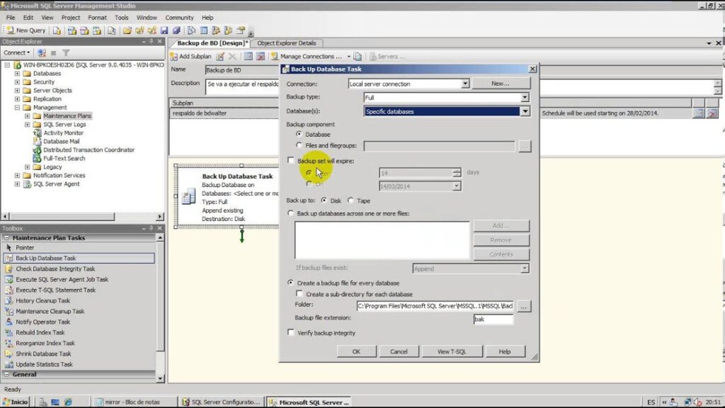 Configurar Backup automático en SQL Server (Windows Server 2008)