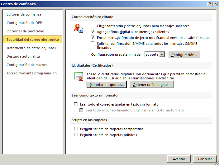 Instalar el certificado digital en Microsoft Outlook 2010