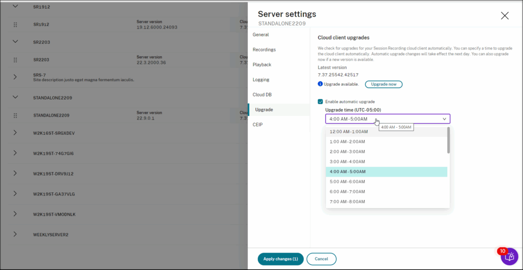 Programar actualizaciones de versión del cliente de la nube