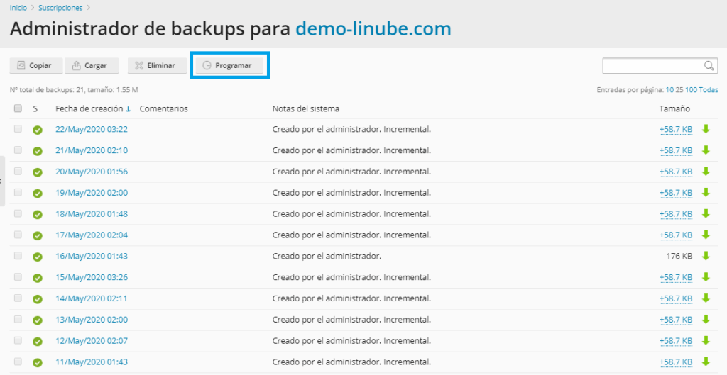 Programación de backups