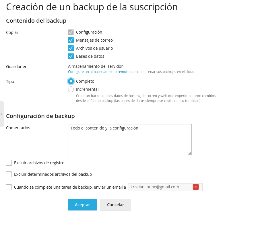 Crear un backup manual