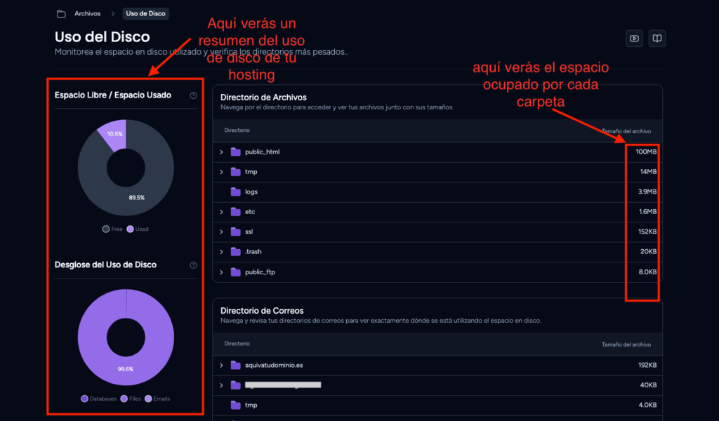 Espacio en Disco - Preguntas Frecuentes webempresa.com