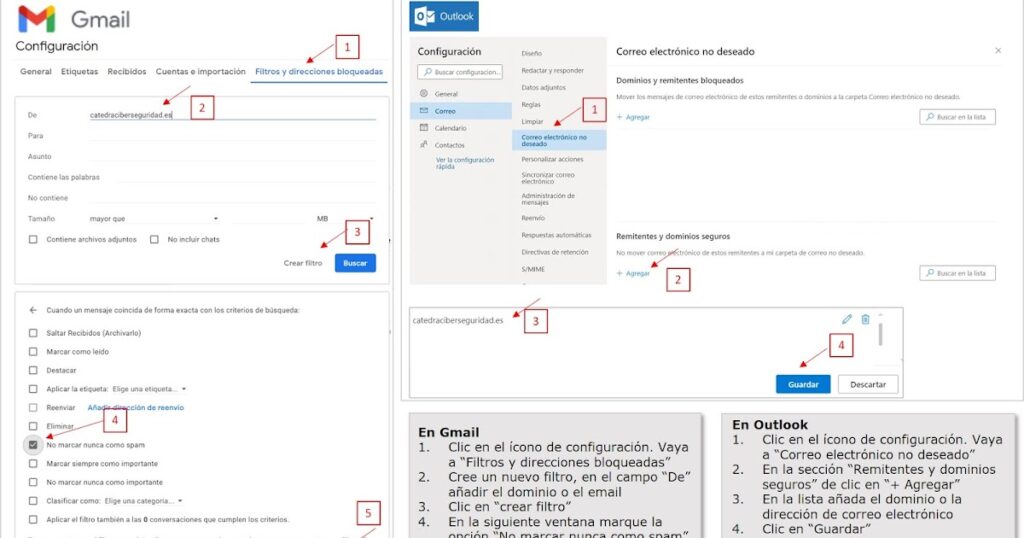 Cómo añadir un email o un dominio a la lista segura en Gmail y Outlook